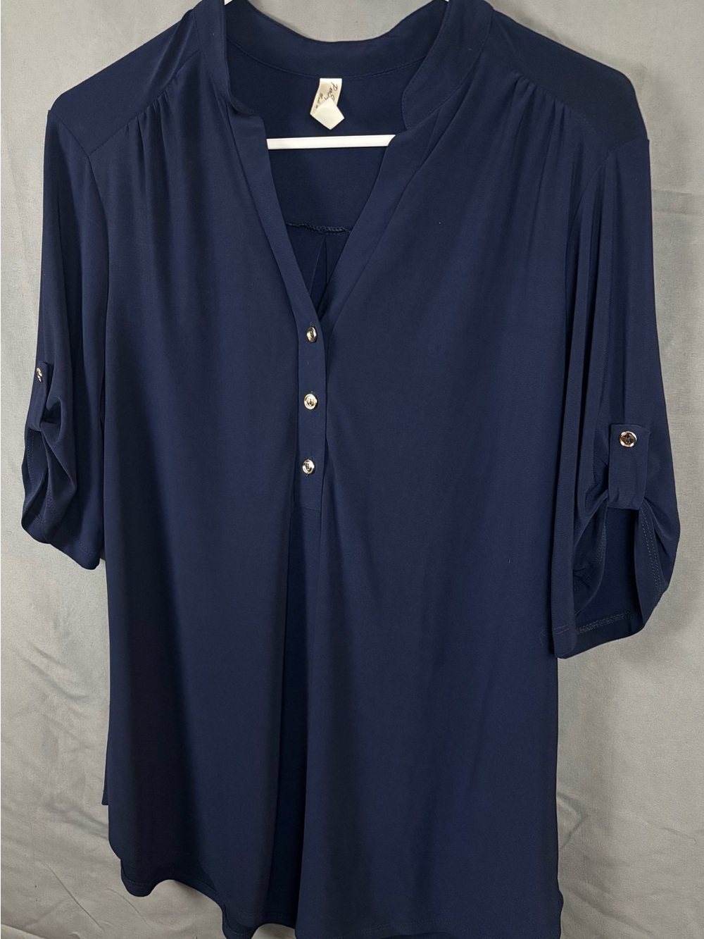 PerSeption Concept Navy Blue Blouse | Chic Gold Buttons | Mid-Length Sleeves